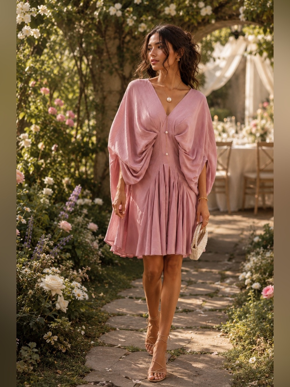 Romantic Dusty Pink V-Neck Draped Mini Dress